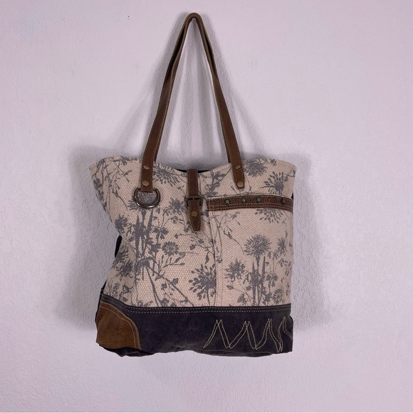 Myra Bag Bags Myra Bag Cream And Grey Canvas Tote Bag With Brown